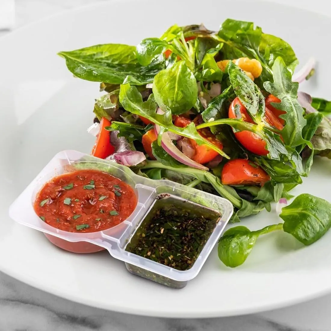 Dual compartment condiment container with two sauces