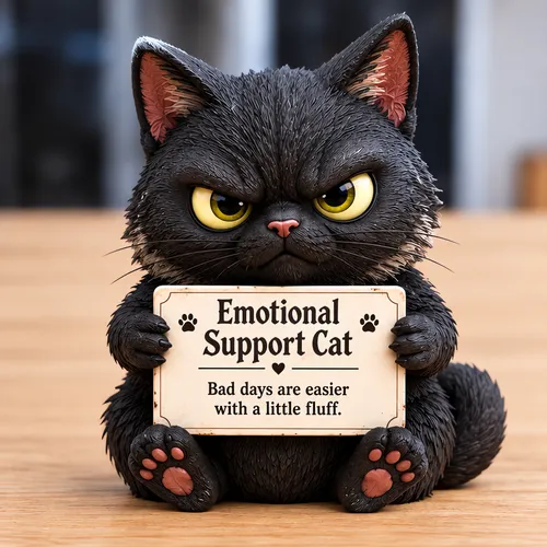 Black Cat style holding an Emotional Support Cat sign