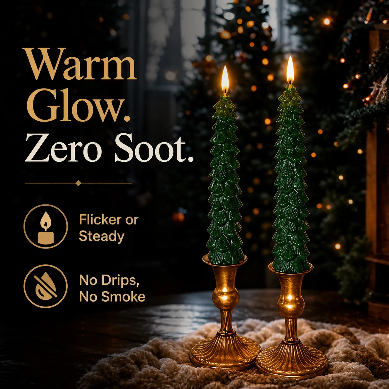 Two Christmas tree candles on holders with no smoke or dripping wax