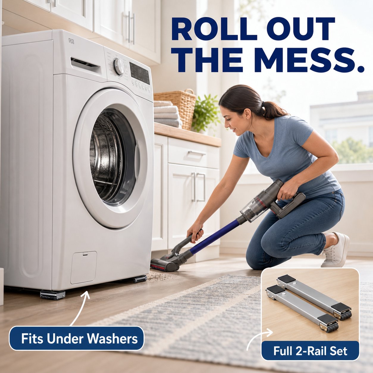 Washer resting on adjustable appliance support rails