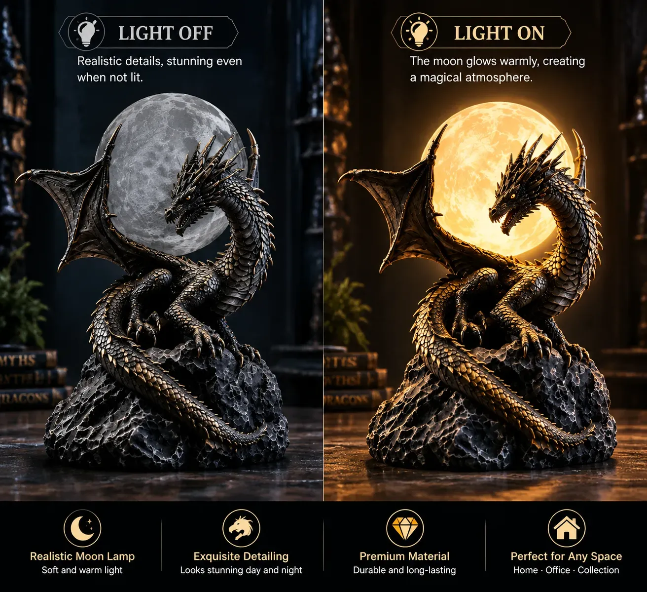 Dragon statue day view and glowing moon night display