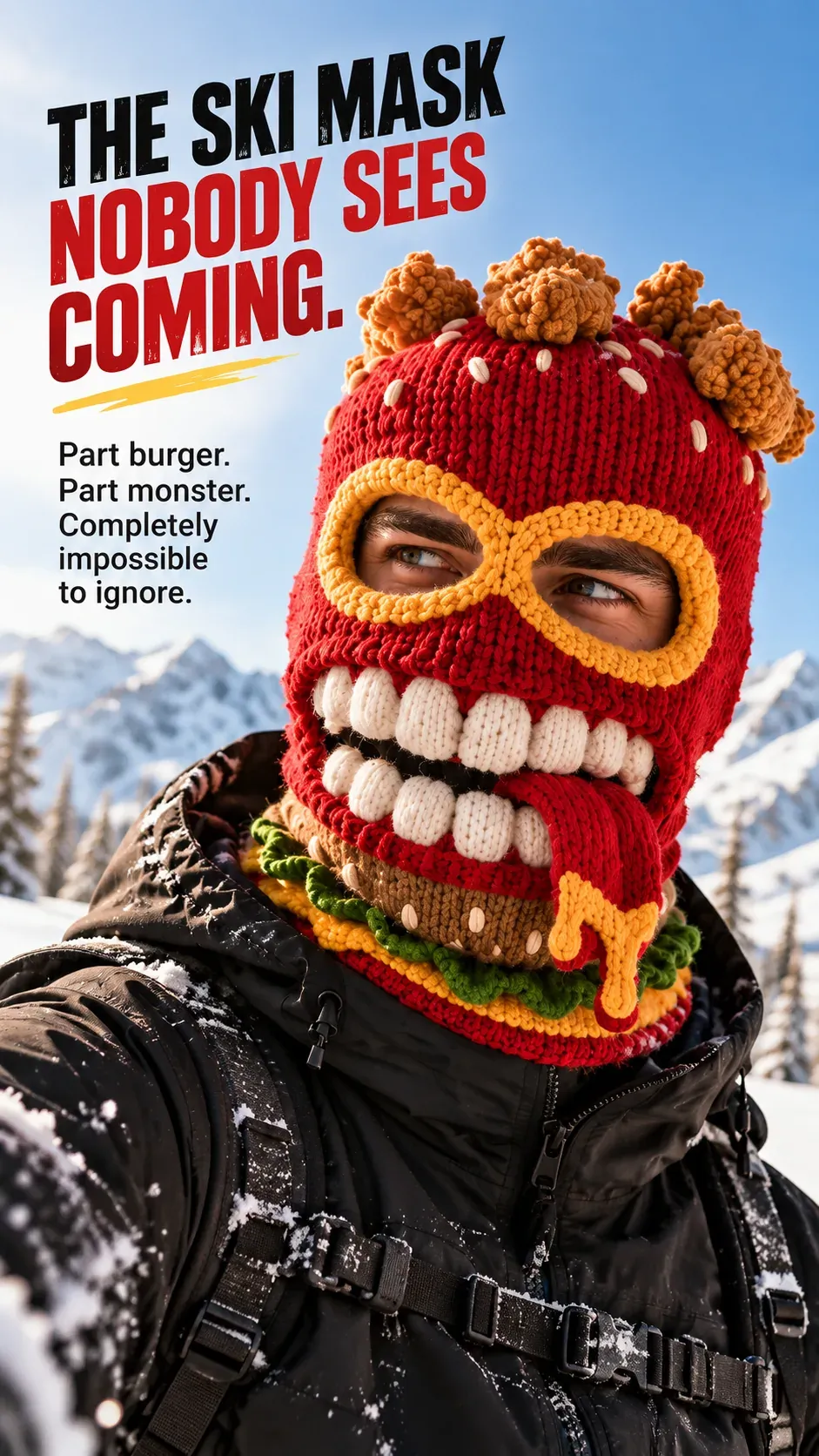 Burger Monster knit ski mask worn on a snowy mountain