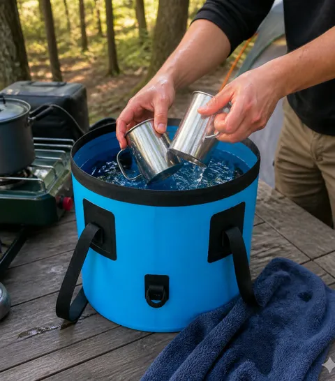 Blue collapsible bucket used to rinse camp mugs