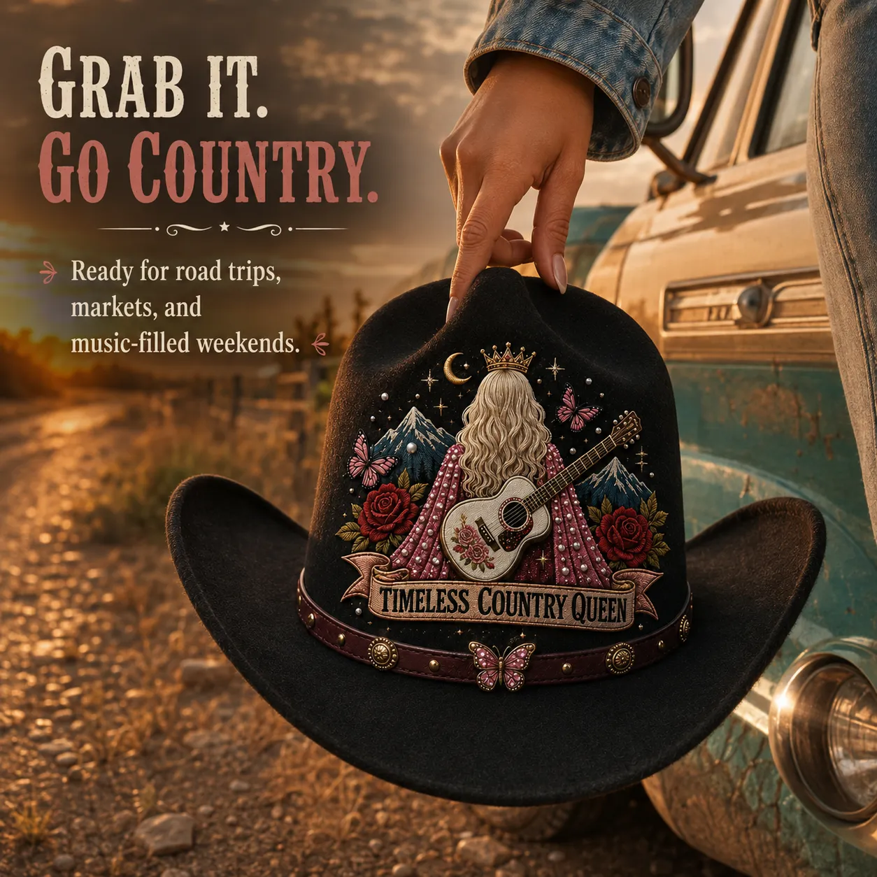 Timeless Country Queen embroidered cowboy hat on a country road trip