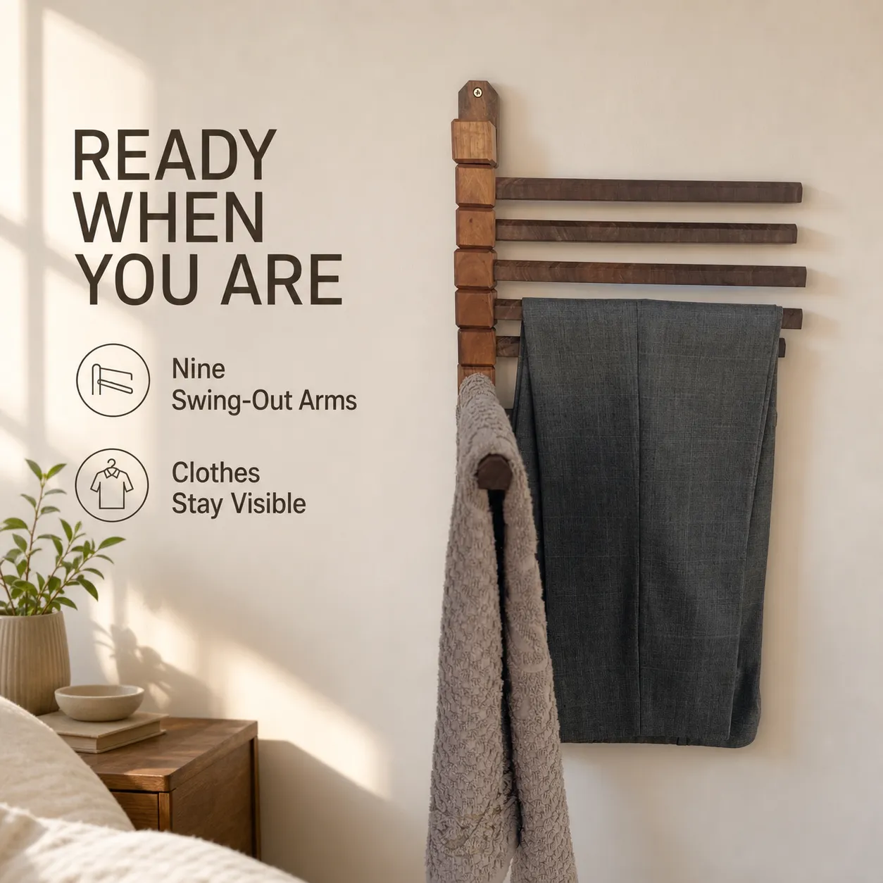 Nine-arm solid wood trouser rack keeping clothing visible