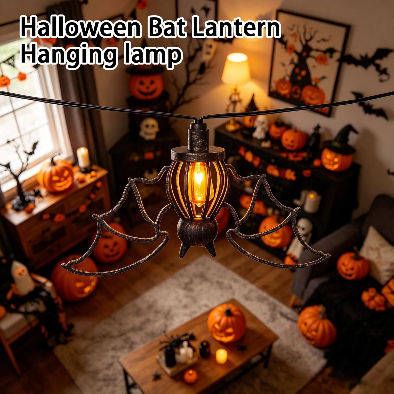 Bat Halloween flame string light hanging in a decorated room