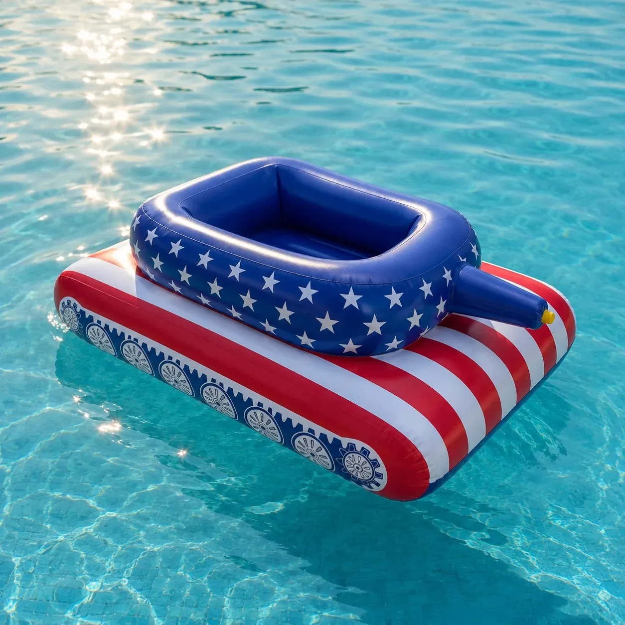 Red white and blue inflatable pool tank with built-in cannon