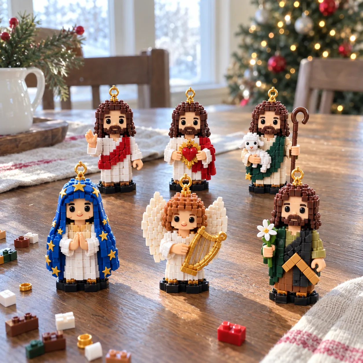 Customer photo of completed Jesus, Mary, angel and Joseph mini brick figures displayed on a wooden table