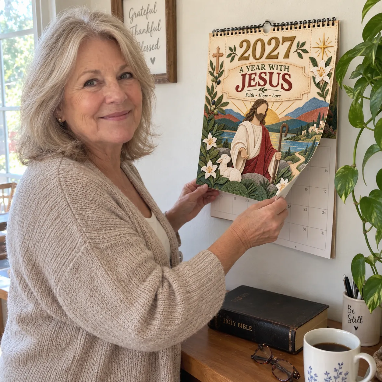 Woman hanging the 2027 A Year With Jesus calendar at home