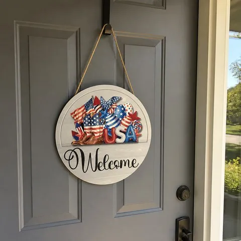 Patriotic welcome sign on a front door
