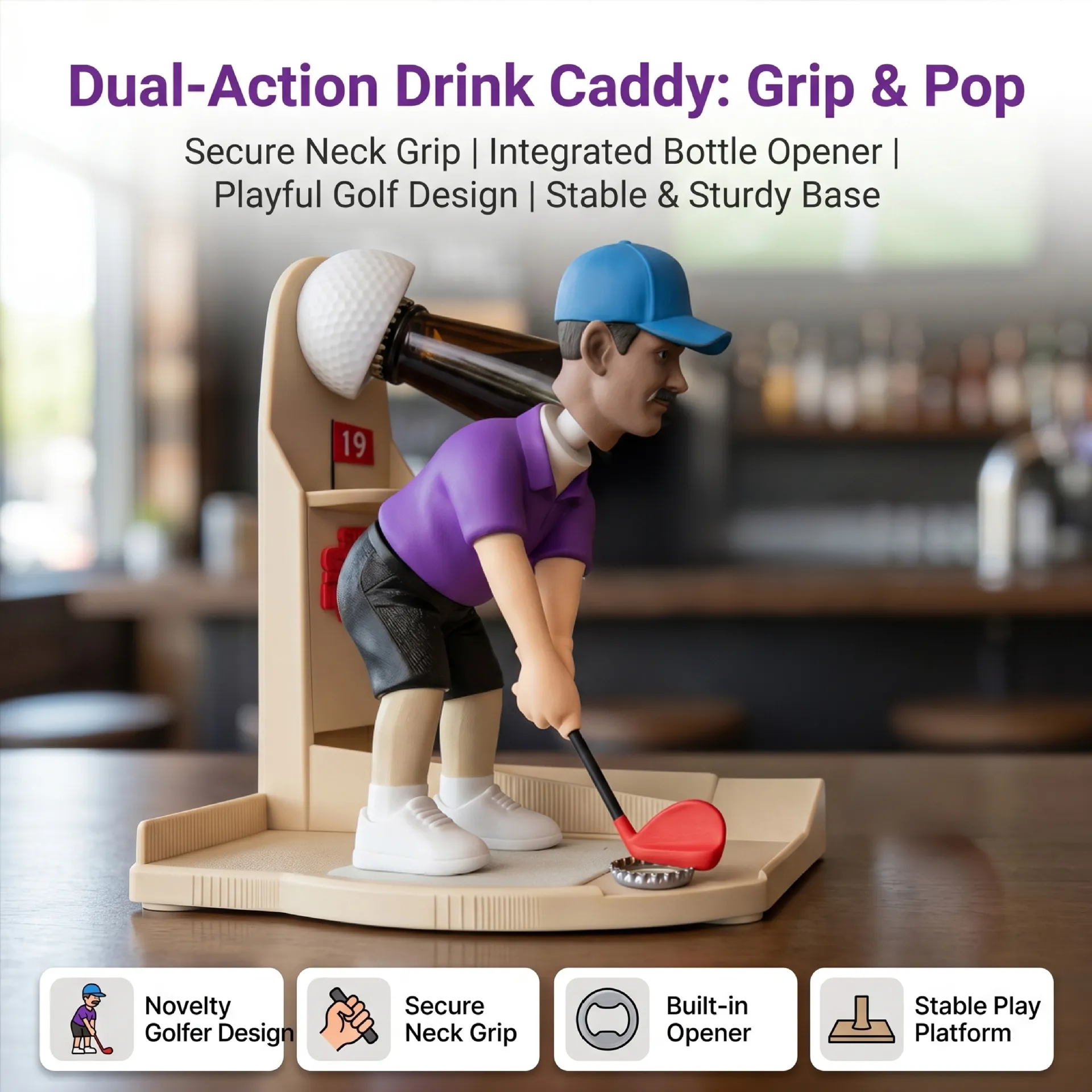 Built-in bottle opener and golf-inspired cap play area