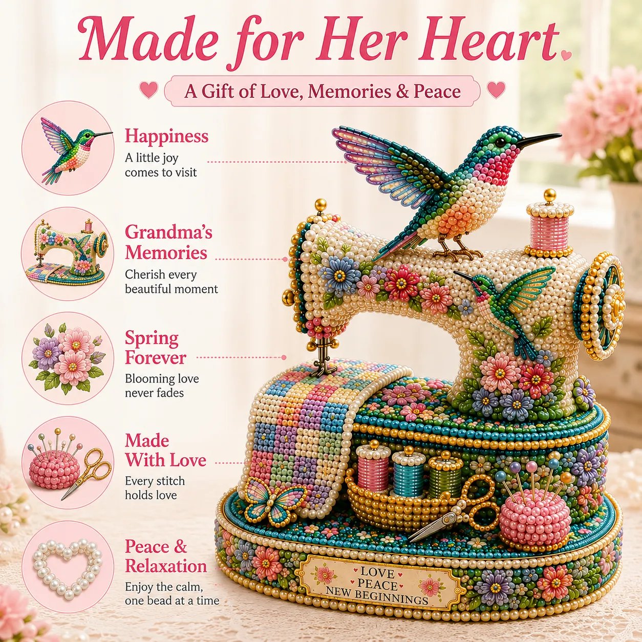 Hummingbird and floral beaded keepsake detail