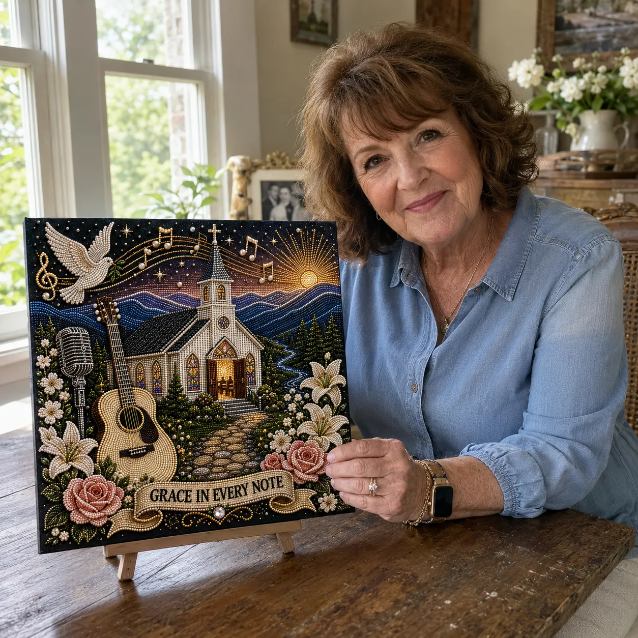 Customer displaying the completed Grace in Every Note bead art design