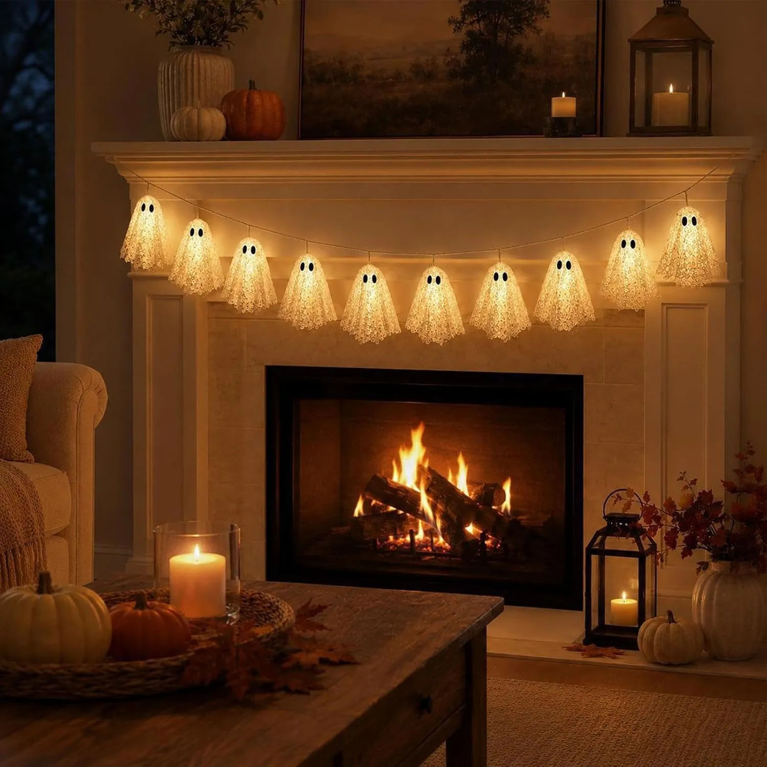 Warm white lace ghost garland glowing over a Halloween fireplace mantel