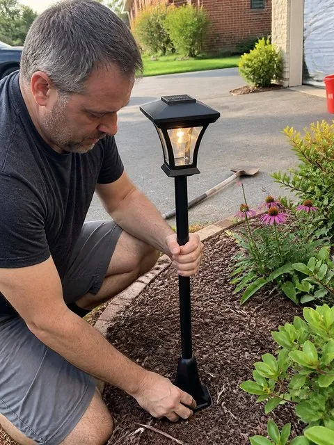 Homeowner placing the solar lamp in a flower bed