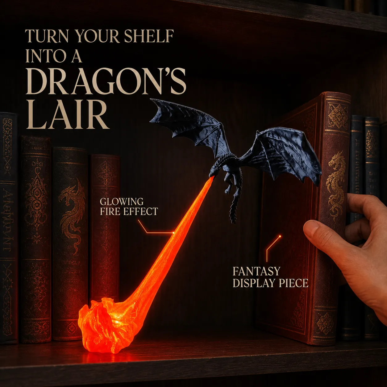Red glow dragon decoration displayed among fantasy books