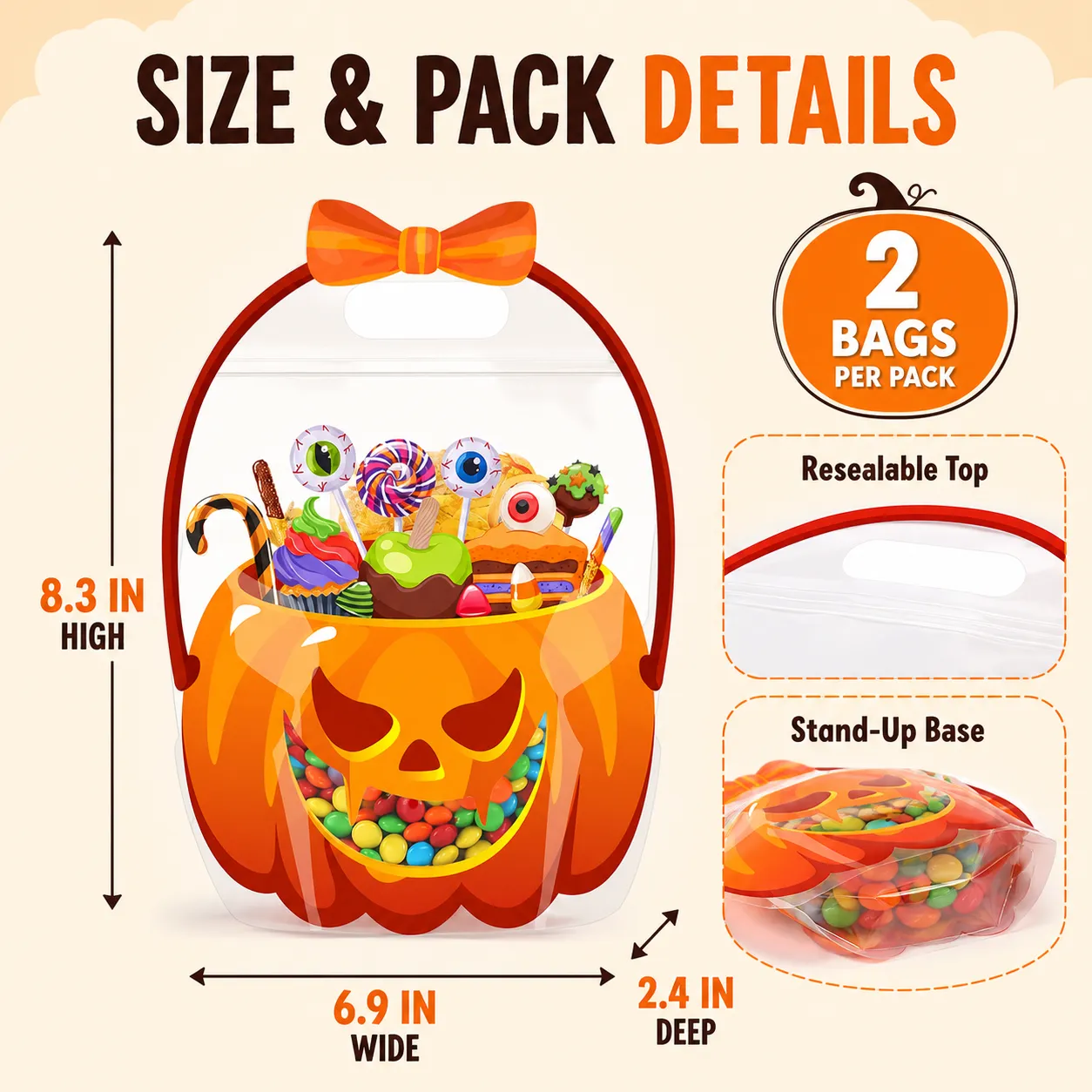 Front and back product view with size and stand-up bottom details