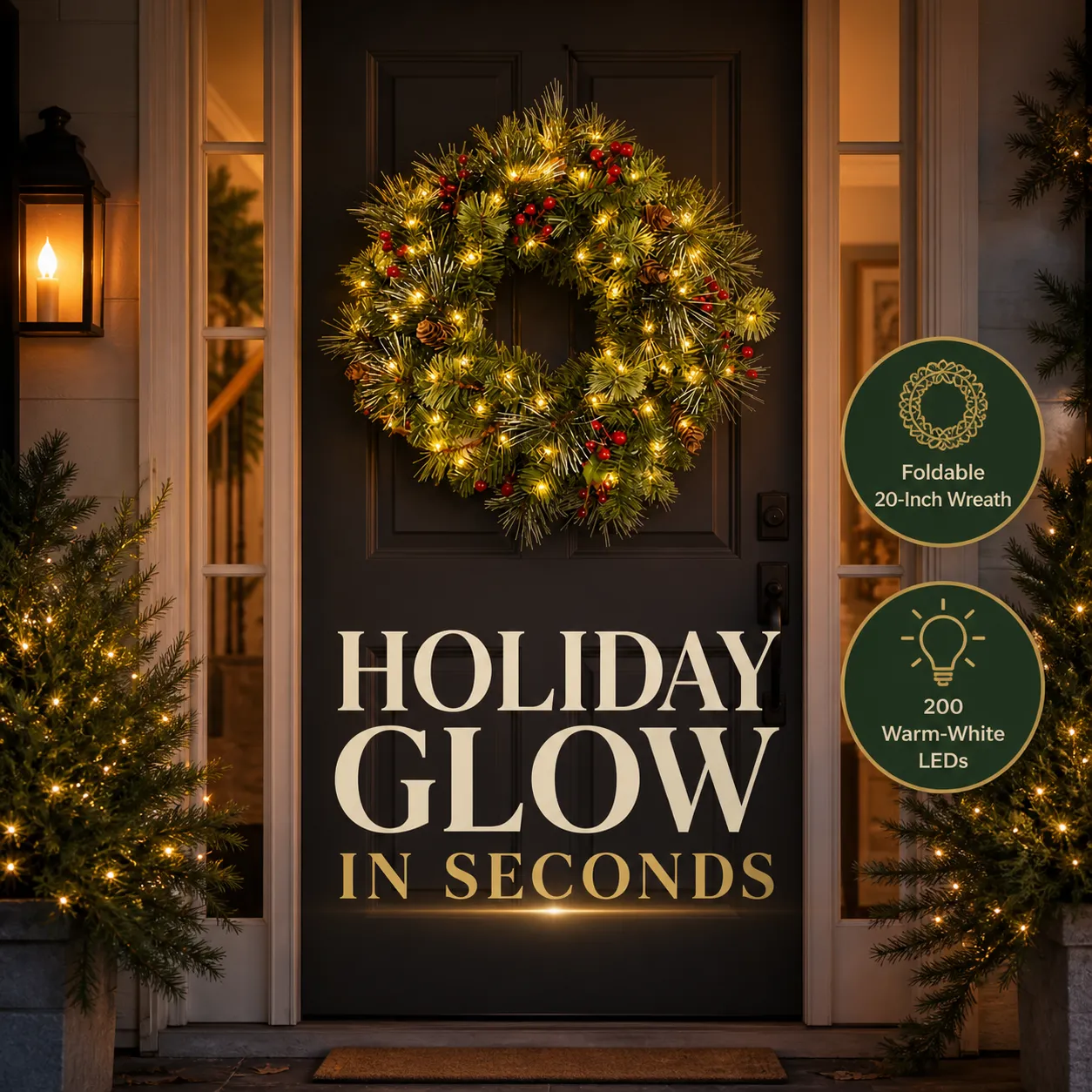 Pre-lit wreath creating a warm entryway welcome