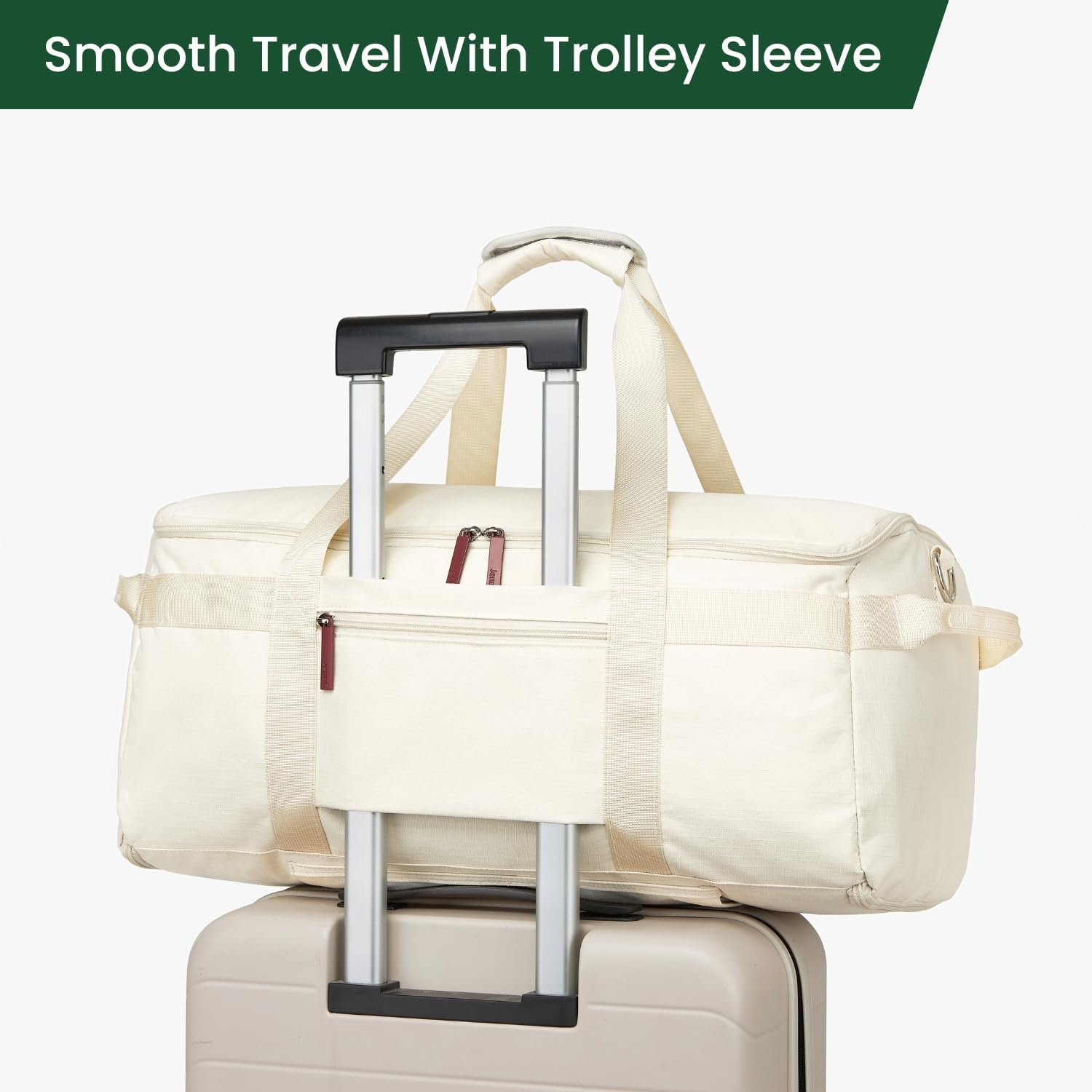 Rear trolley sleeve secured over a suitcase handle