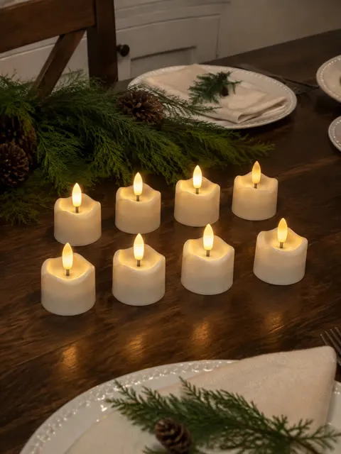 Flameless candles arranged across a family holiday table