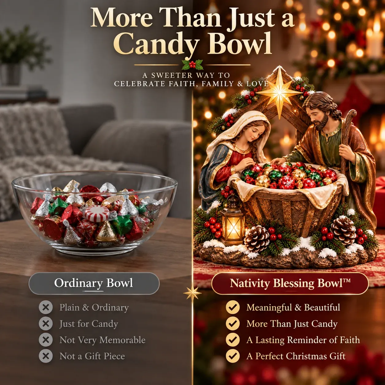 Ordinary candy bowl compared with Nativity Blessing Bowl