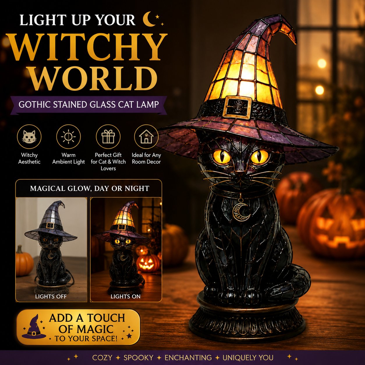 Gothic stained glass black cat lamp with witch hat Gothic stained glass black cat lamp with witch hat
