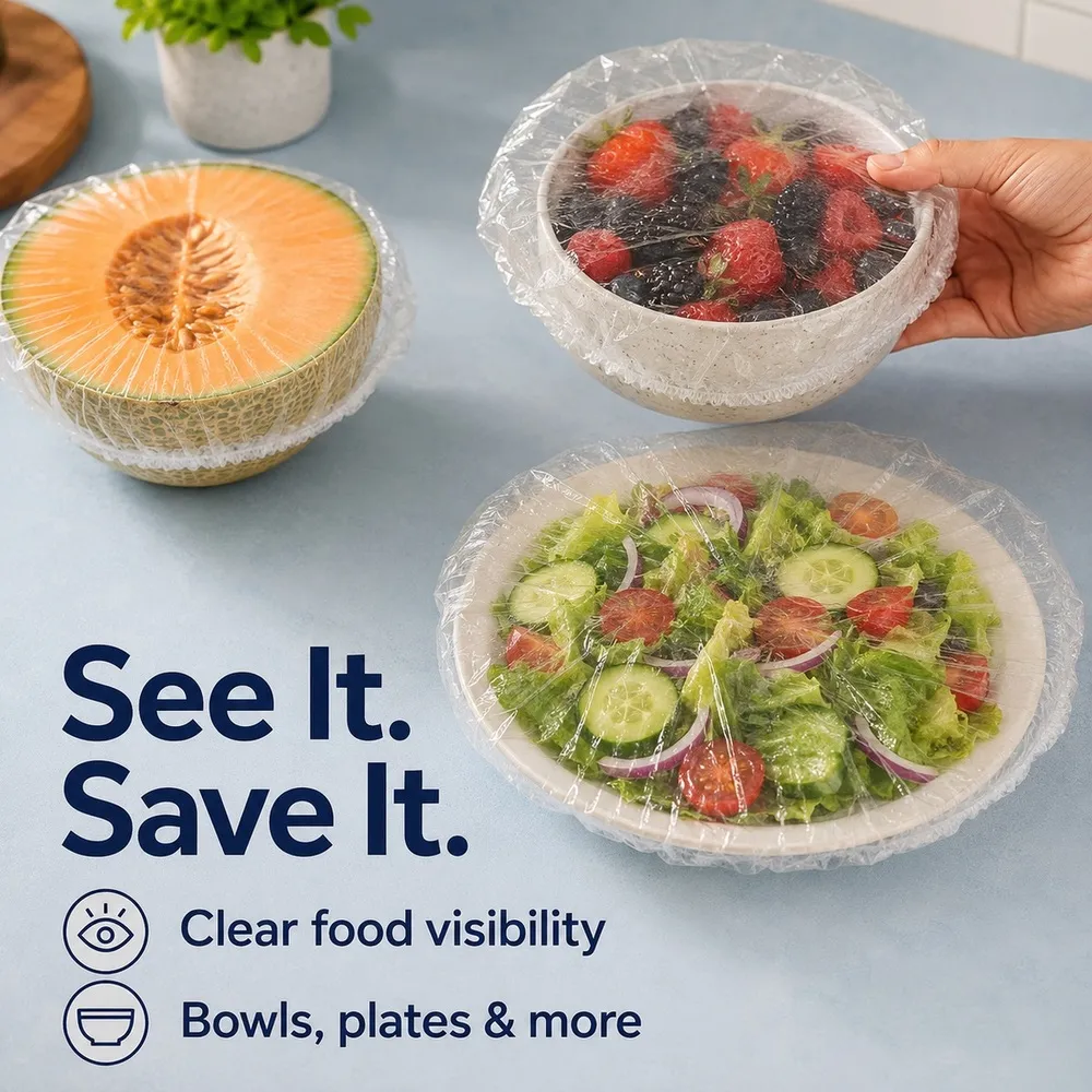 Clear elastic covers on a fruit bowl, plate and melon