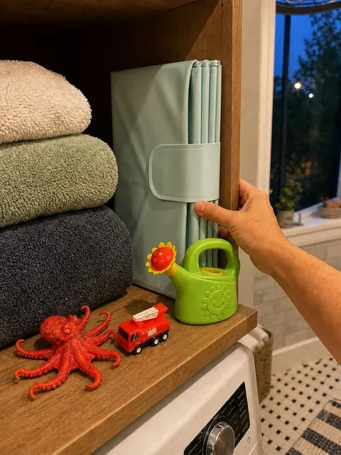 Folded mint bath basin stored on a shelf with the three included toys