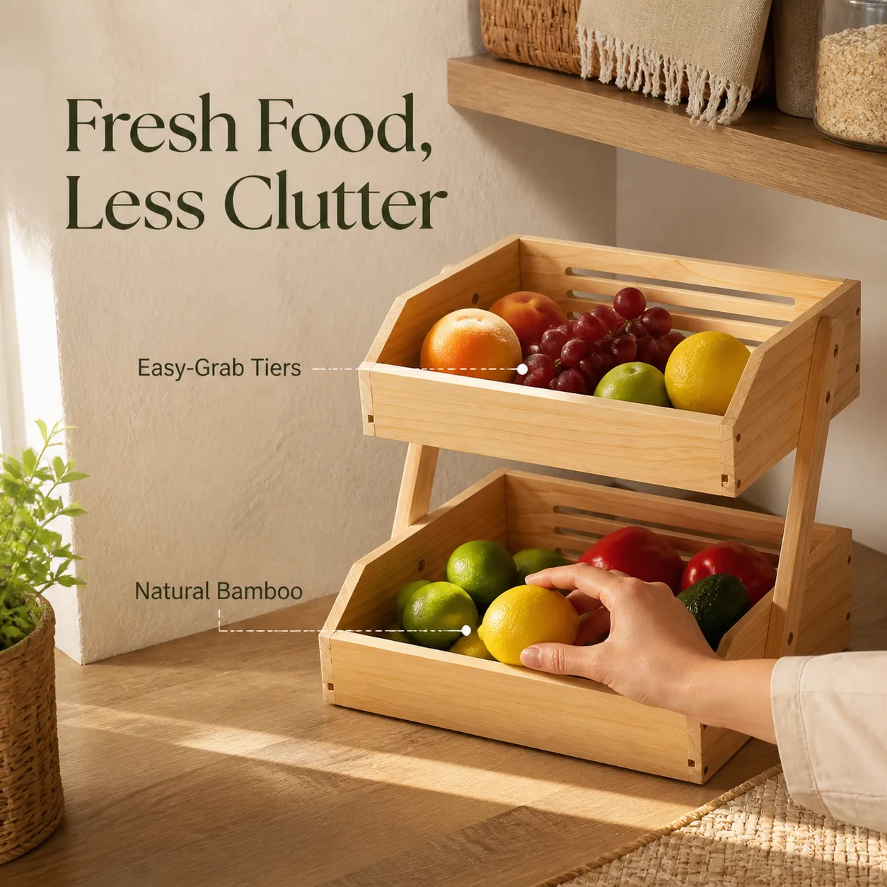Two-tier bamboo organizer in a pantry setting