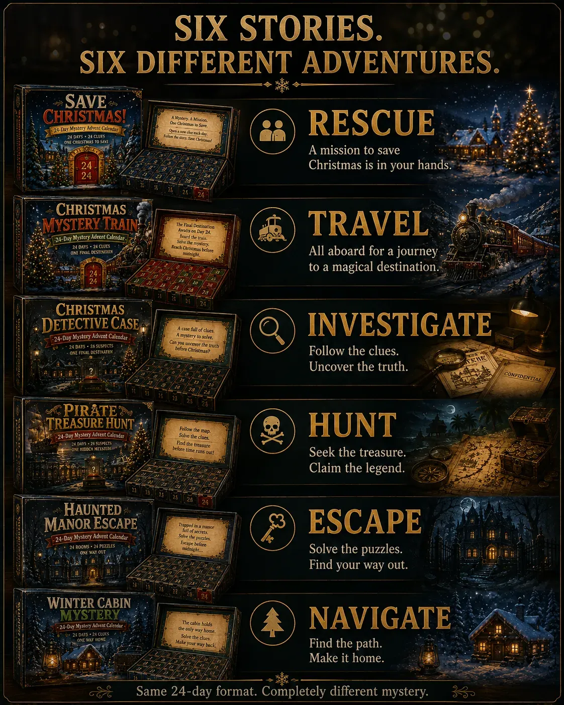 Six different mystery story experiences