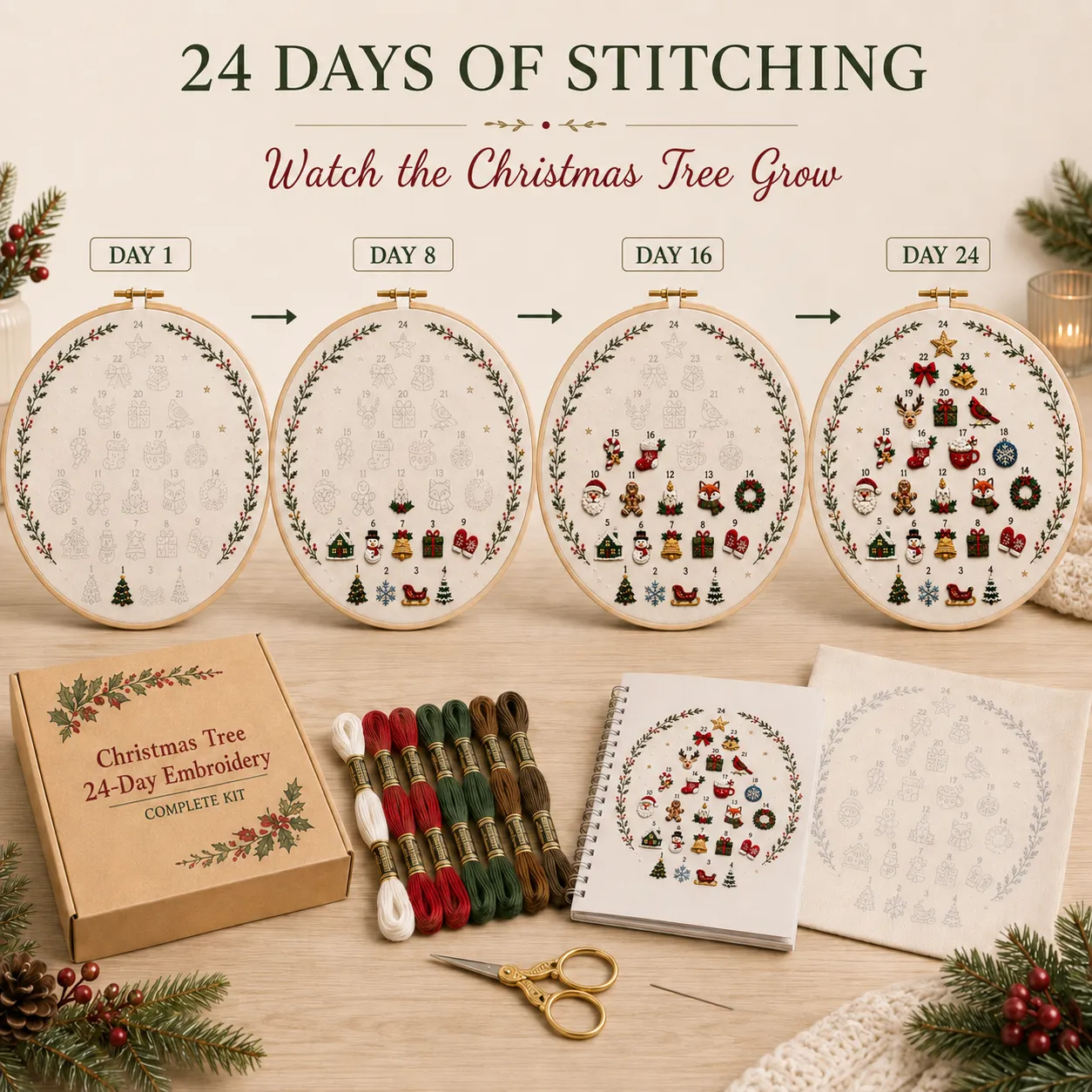 24-day embroidery progress from the first motif to the finished Christmas tree