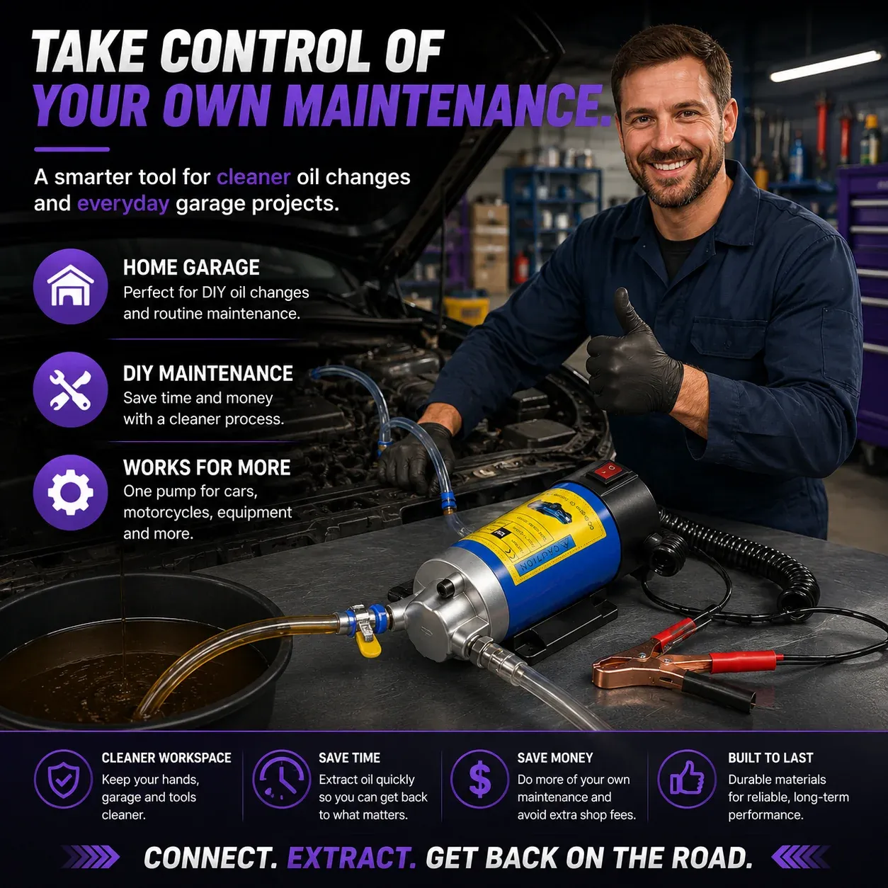 Compact oil extractor pump as part of a home garage toolset