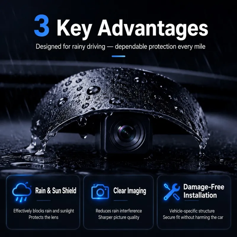 Universal backup camera rain shield for cars SUVs MPVs and trucks