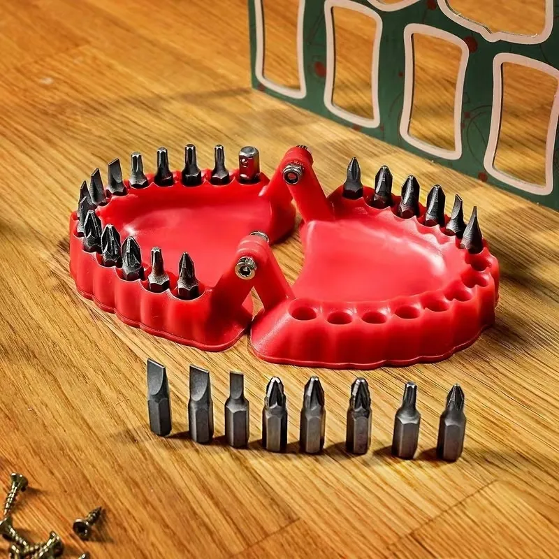 The red bit organizer laid fully open with bits arranged around both sides