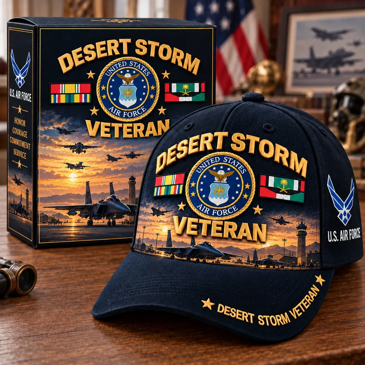 U.S. Air Force Desert Storm Veteran cap design shown with display packaging