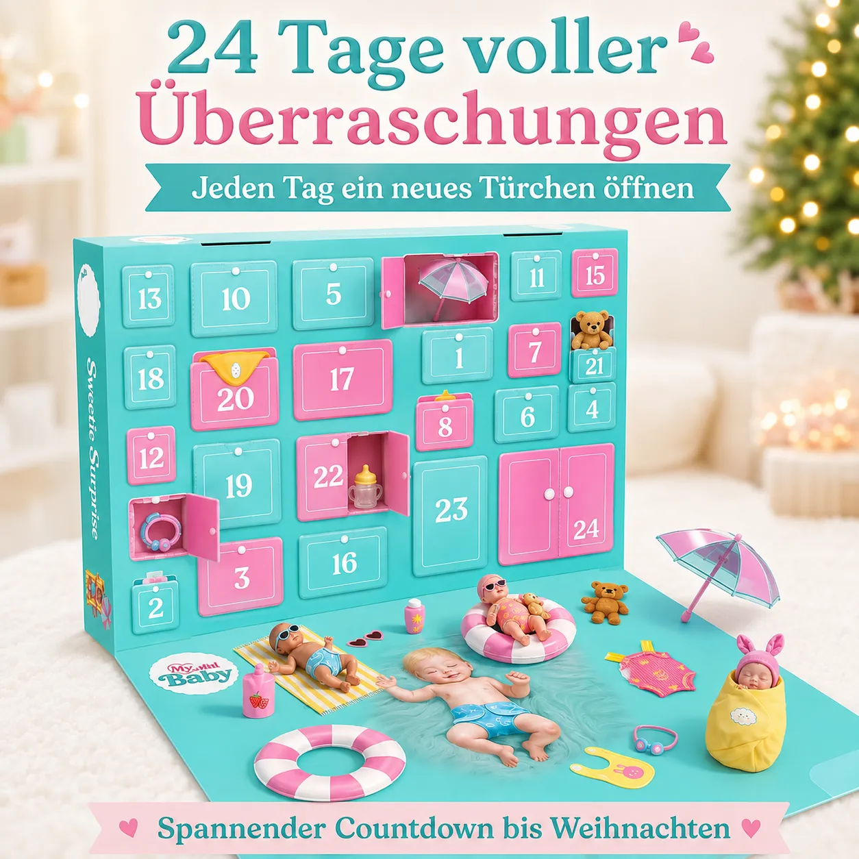 Open numbered compartments on the 24-door Mini-Baby calendar