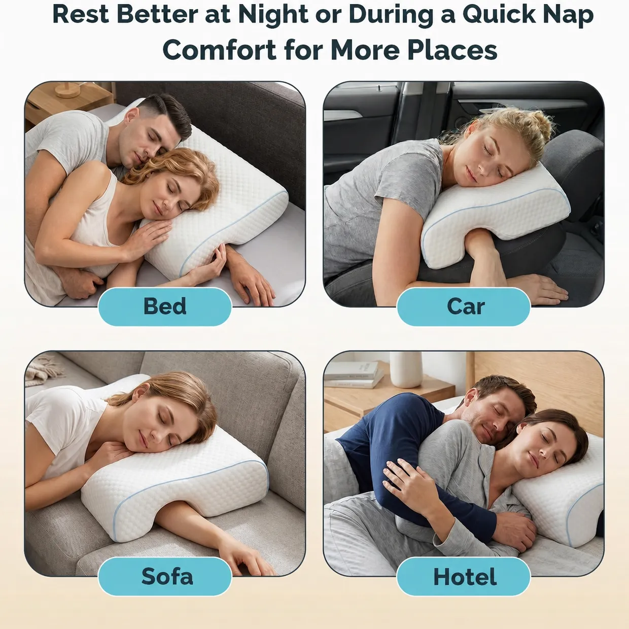 Arm channel pillow used on a bed, sofa, in a car, and at a hotel