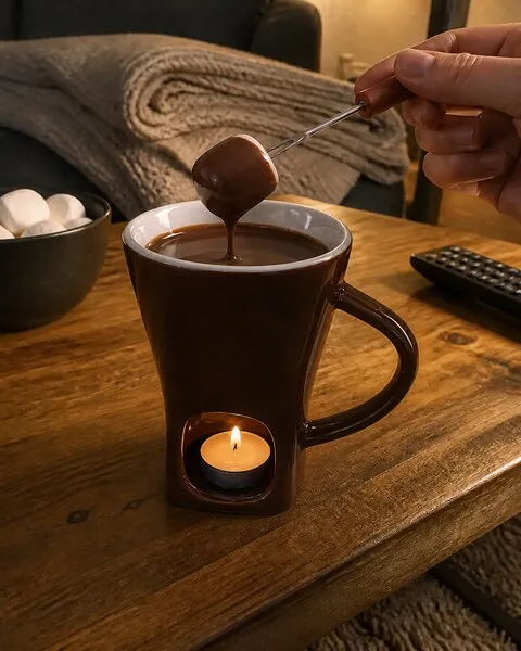 Coffee-brown chocolate fondue mug during a cozy movie night