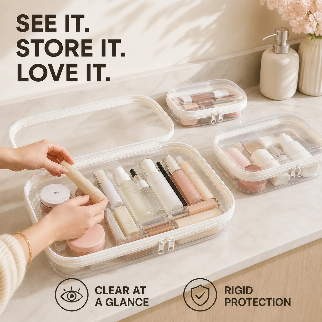 White three-piece clear organizer set on a bathroom vanity