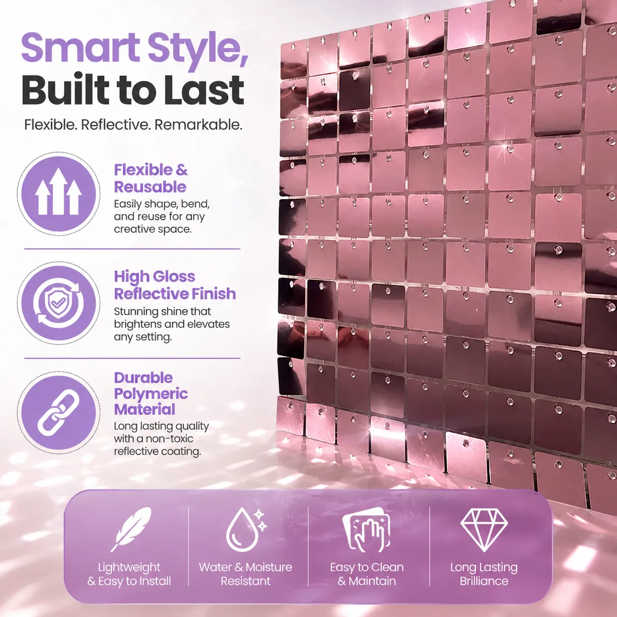 Pink square shimmer panel with flexible reflective construction benefits