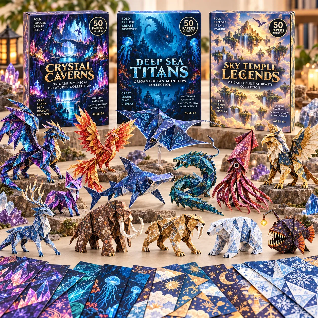 Fantasy origami craft collection with patterned papers and assembled creatures