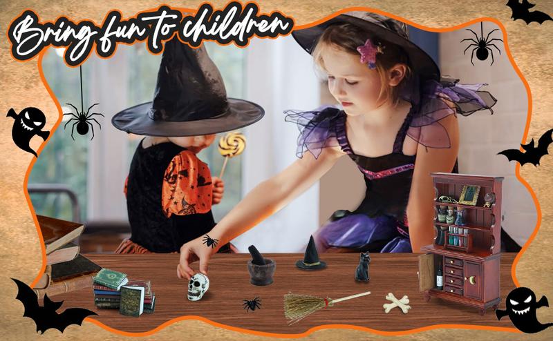 Dollhouse Miniatures 1/12 Scale Accessories, Wooden Bookshelf Furniture Set - Magic Bottle&Potion, Witch Frame and Hat, Mini Bookcase, Haunted Dollhouse Halloween Decorations for Kids Gifts Playset