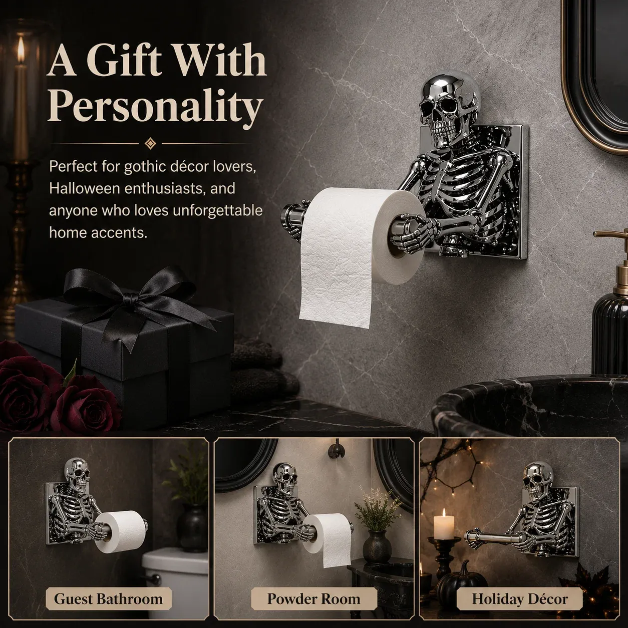 Skeleton toilet paper holder in bathroom setting
