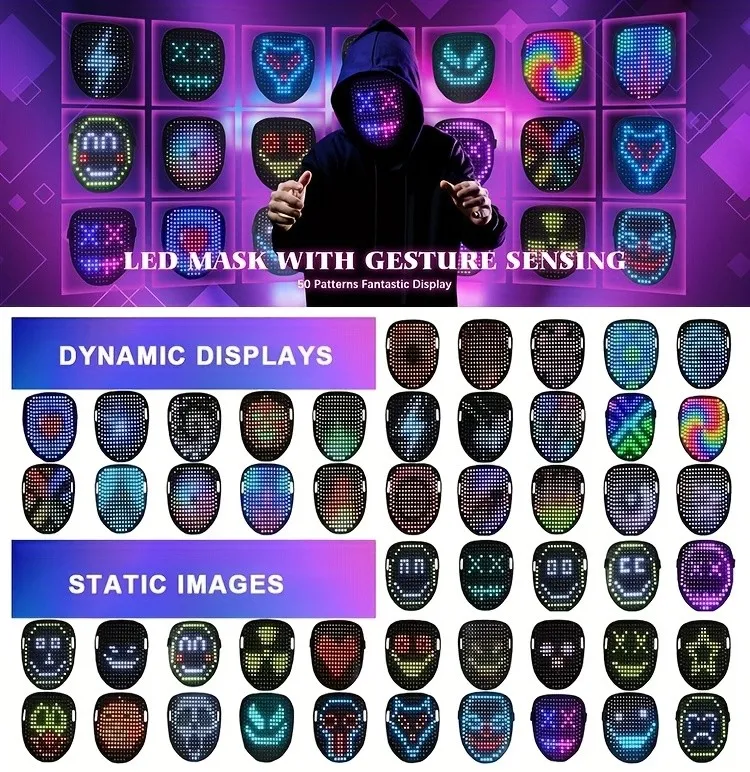 LED mask showing multiple static and animated patterns
