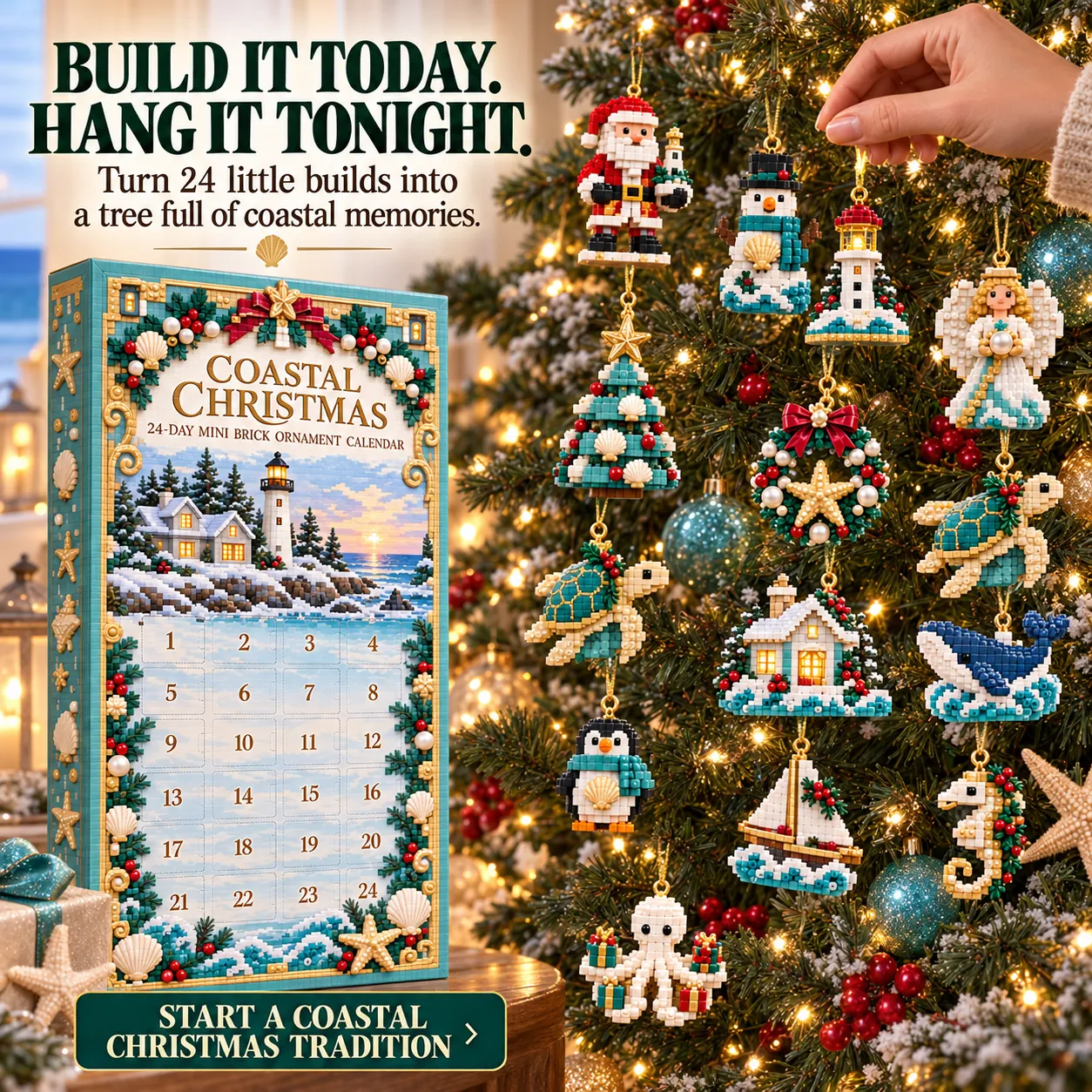 The Coastal Christmas calendar beside a tree displaying its finished Santa, snowman, lighthouse, angel, turtle and other coastal ornaments