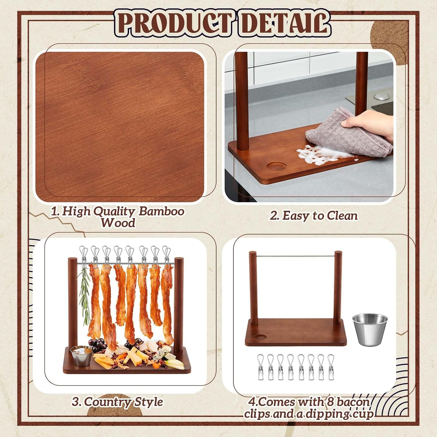 Wooden serving board product details and included accessories