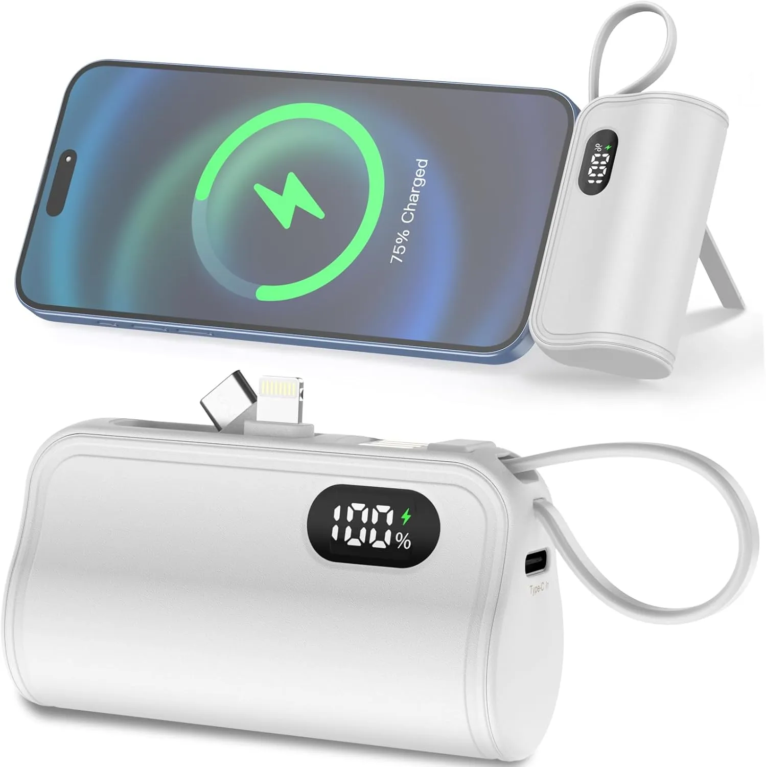 Mini Capsule Power Bank: 5000mAh Pocket-Sized Charger with Built-in Cable