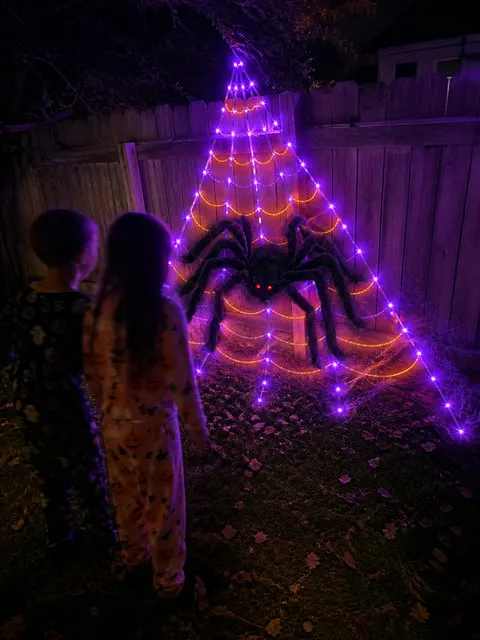 Children viewing a glowing spider web decoration in a backyard