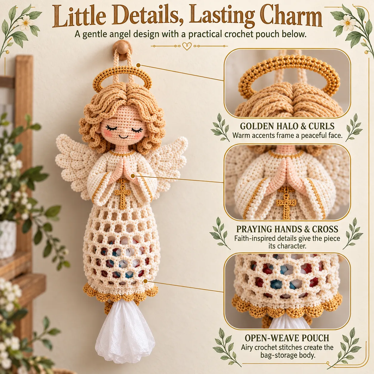 Guardian Angel bag holder with close-up panels showing curls and halo, praying hands and cross, and the open-weave pouch