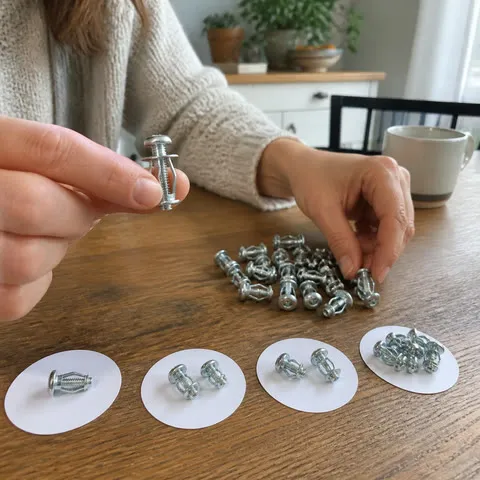 Sorting silver jack nuts by size at a kitchen table